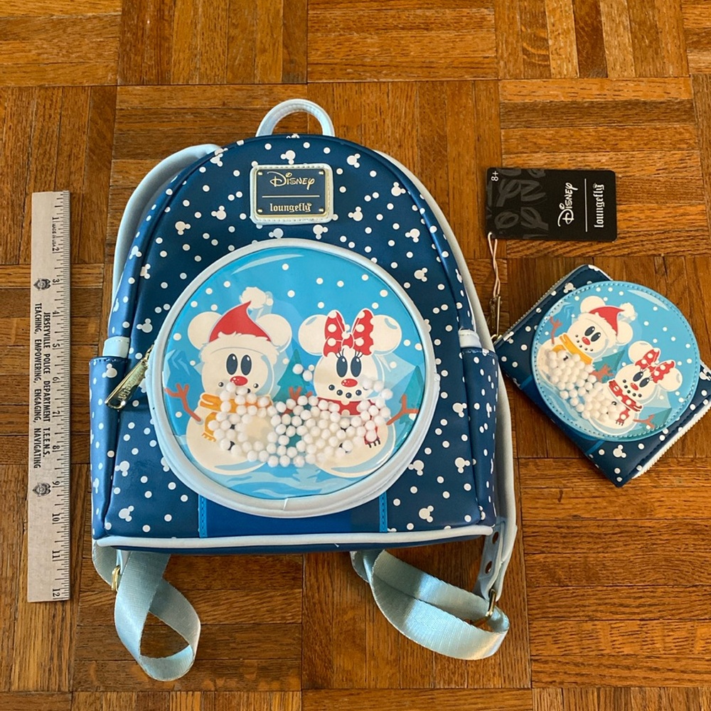 Disney Loungefly Mickey and Minnie Christmas Snowglobe backpack and wallet